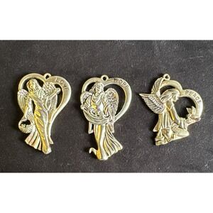 Lot Of 3 Gorham Christmas Angels Silver Plated Peace Love Hope  3" Heart Shaped
